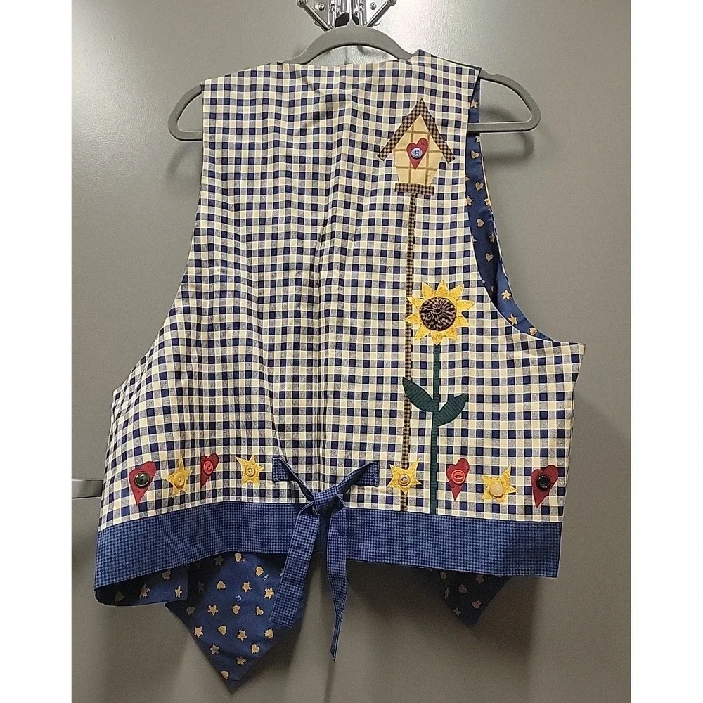 Vintage Cottagecore Patchwork Vest Sunflower Birdhouse Gingham Blue Artisan Sz L - Picture 2 of 12